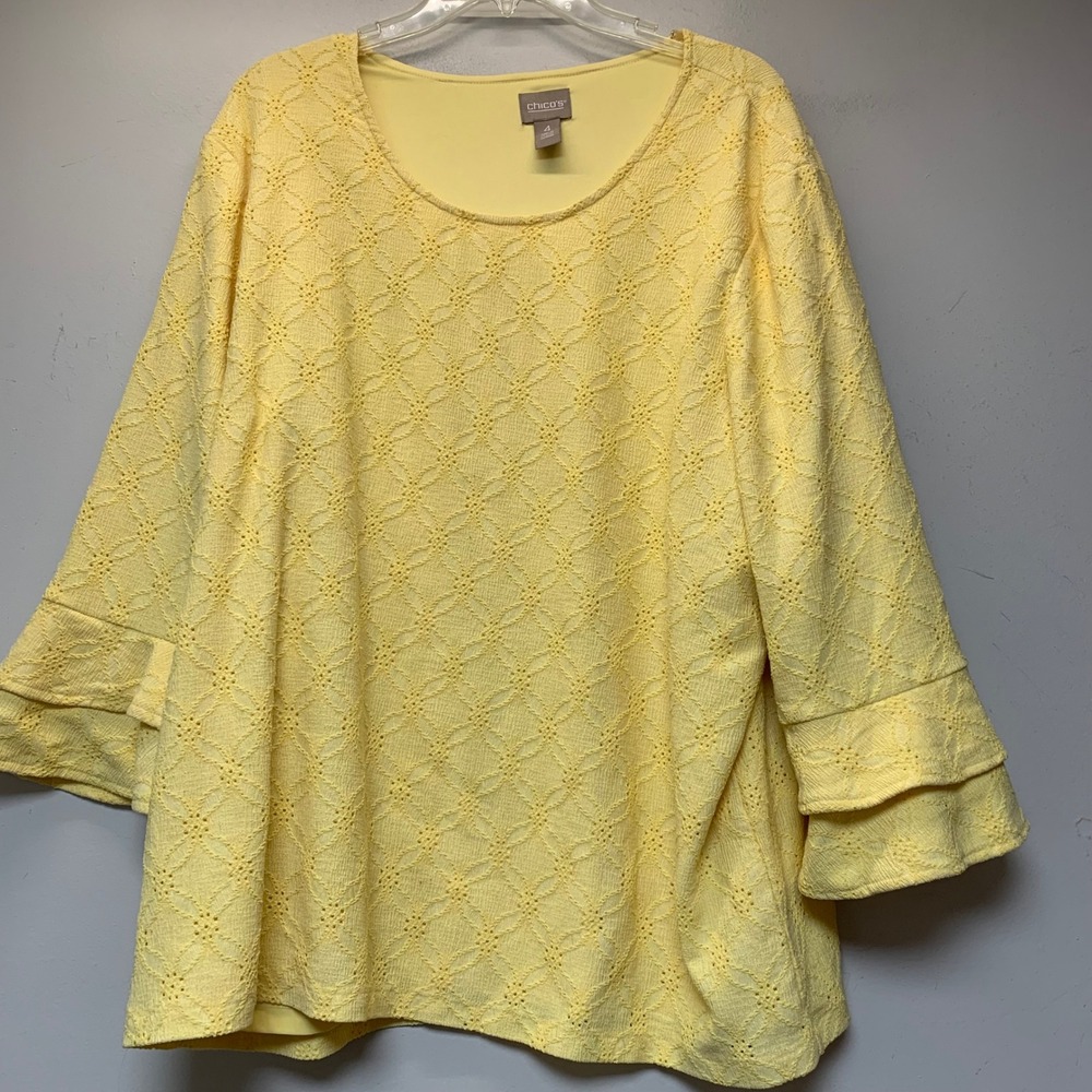 Chico's Tiered Sleeve Eyelet Blouse Womens 4 Yellow Excellent Scoop Neck Top